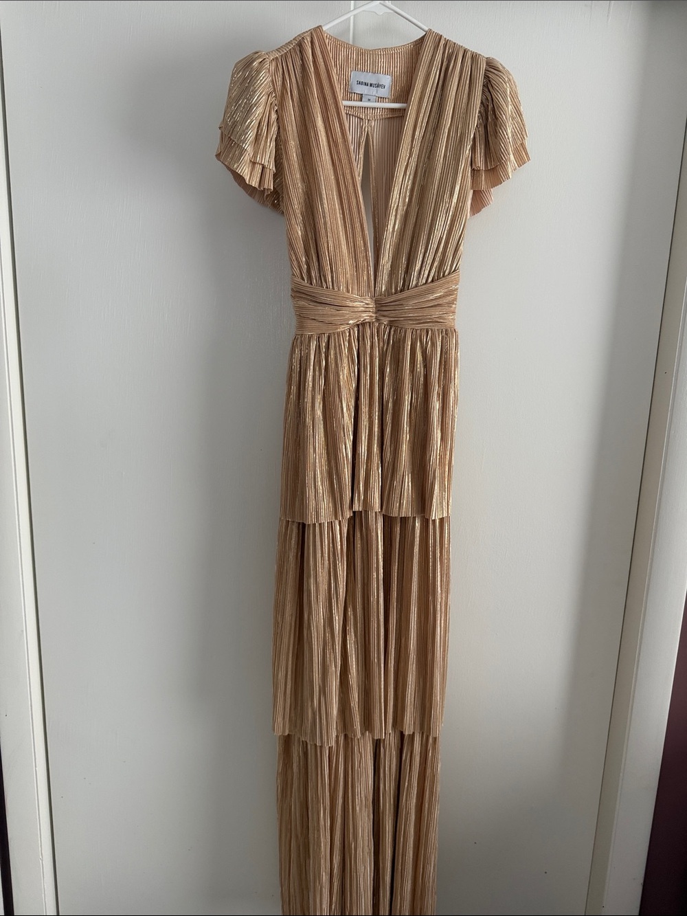 Sabina Musayev Gold Pleated Tiered Maxi Dress